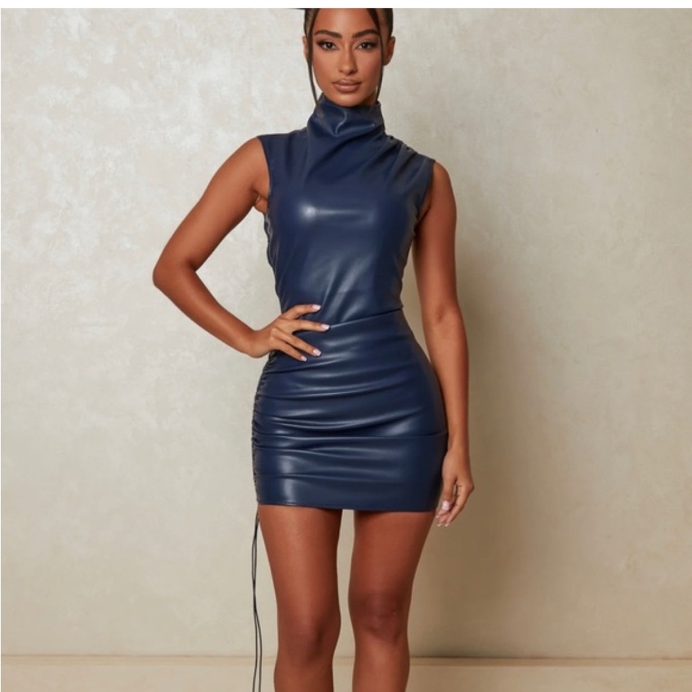 Chic Navy Faux Leather Mini Dress
